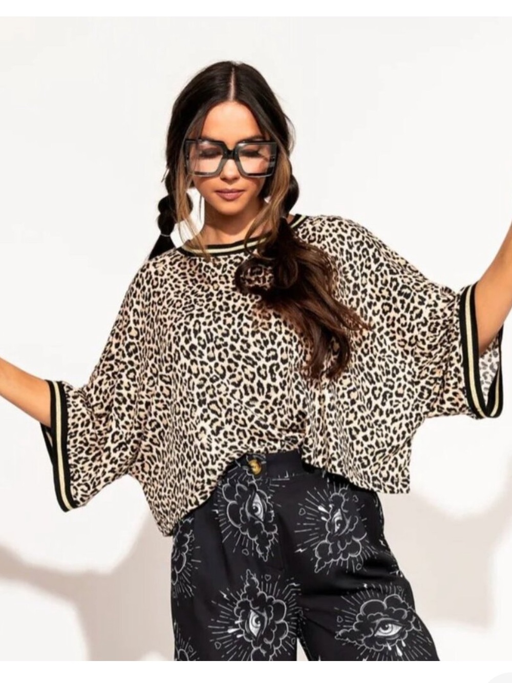 Dressed in Lala Leopard Print Frankie Cropped Ribbed Ringer T-Shirt SZ S/M